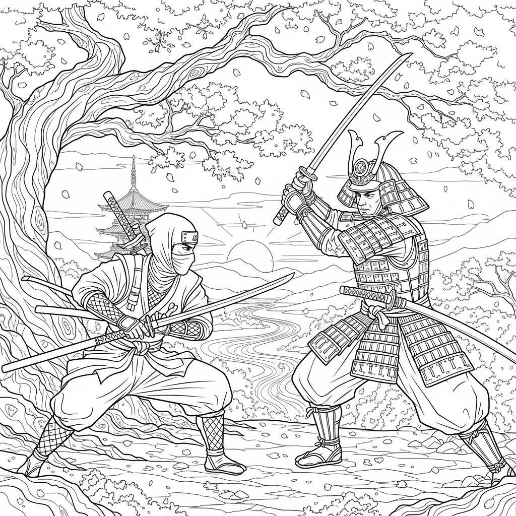 Desenho de Ninja e Samurai para Colorir