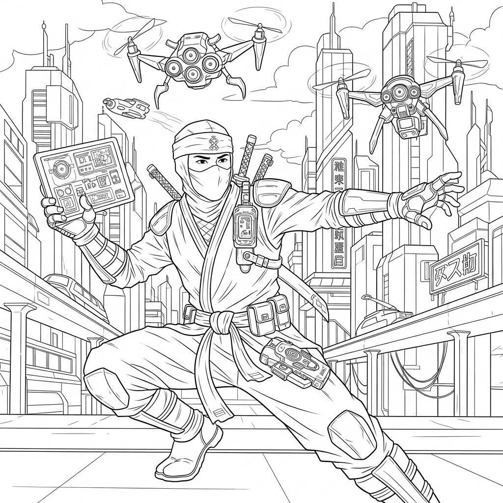 Desenho de Ninja e Tecnologia para Colorir