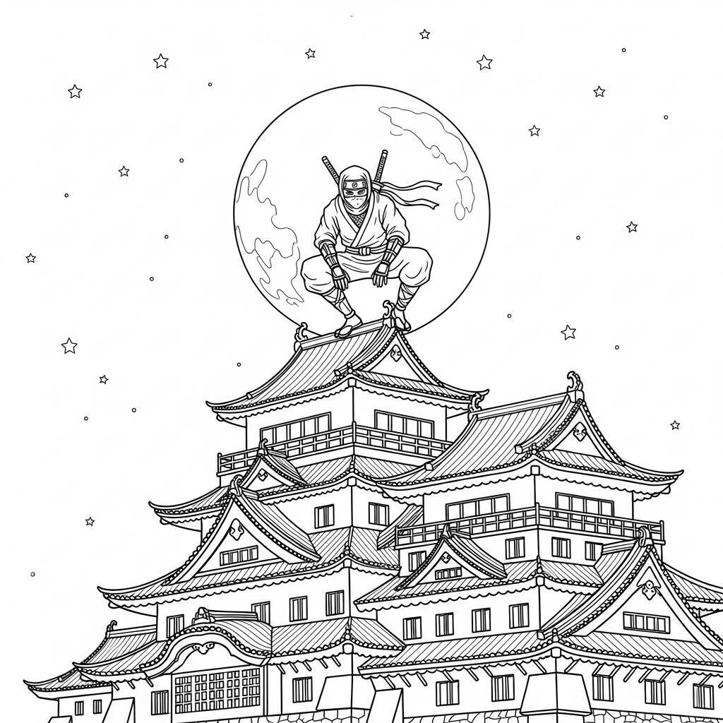 Desenho de Ninja em um Castelo para Colorir