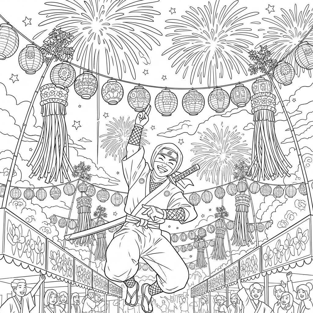 Desenho de Ninja em um Festival para Colorir
