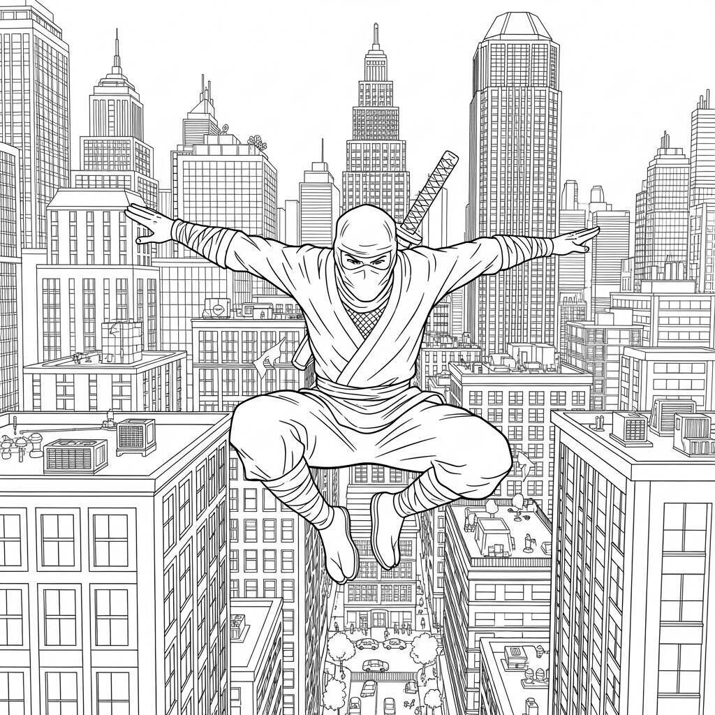 Desenho de Ninja em uma Cidade para Colorir