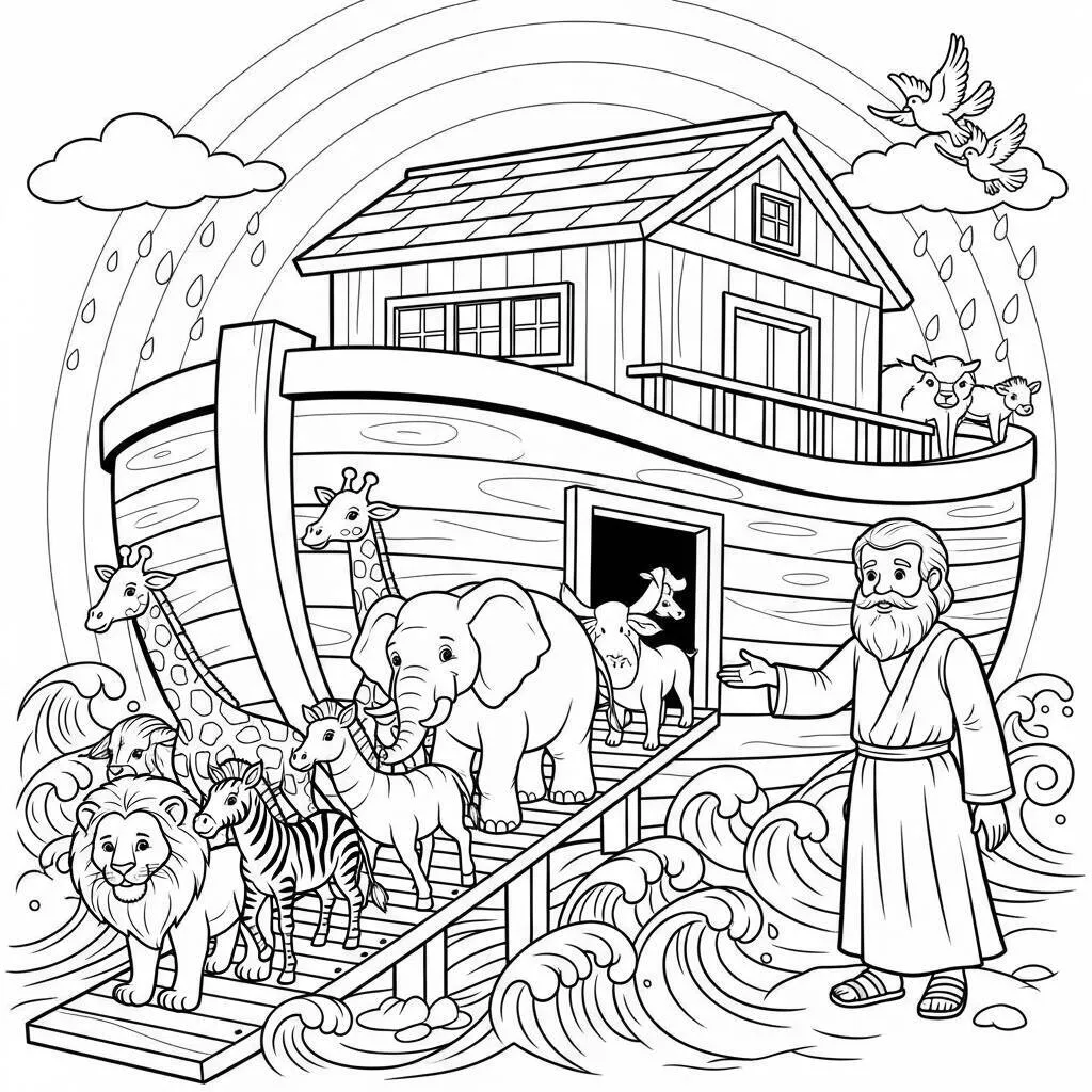 Desenho de Noé e os Animais da Arca para Colorir