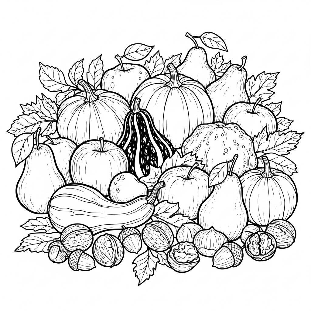 Coloriage d'automne avec des fruits et des noix