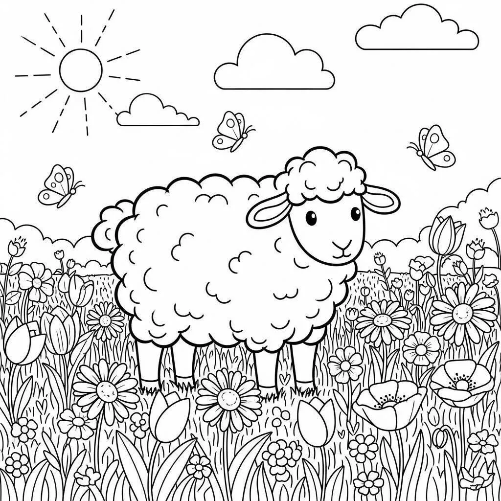 Desenho de Ovelha e Flores para Colorir