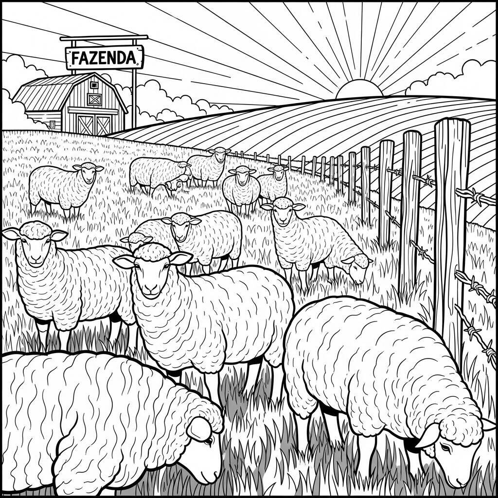 Desenho de Ovelhas em um Campo para Colorir