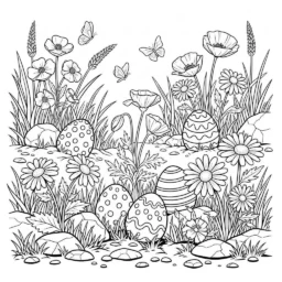 Desenho de Ovos de Páscoa e Flores Silvestres para Colorir