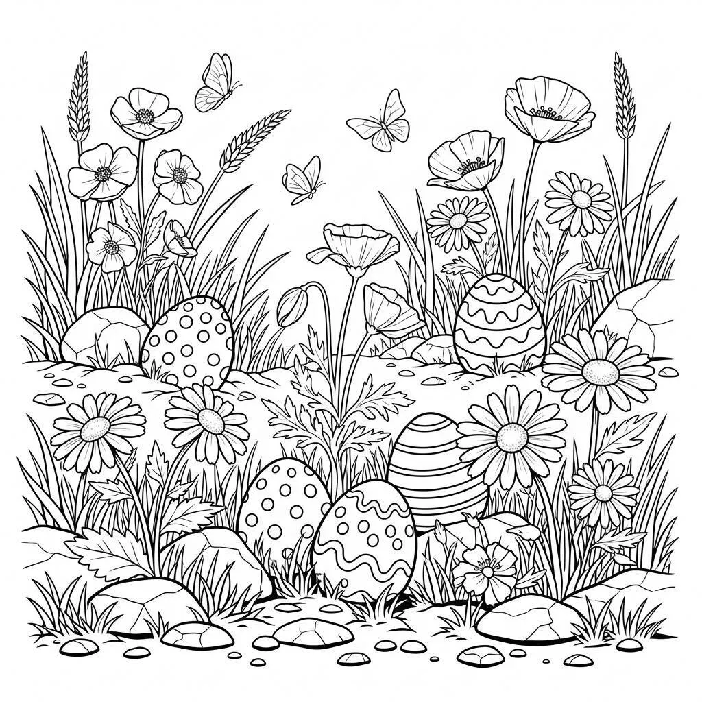 Desenho-de-Ovos-de-Pascoa-e-Flores-Silvestres-para-Colorir Desenho de Ovos de Páscoa e Flores Silvestres para Colorir