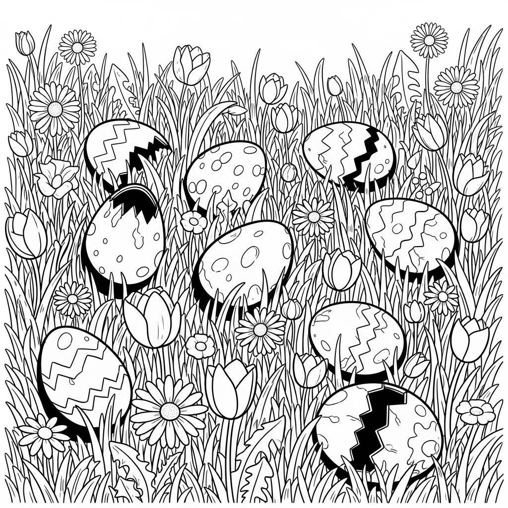Malvorlage „Ostereier auf einem Feld“.
