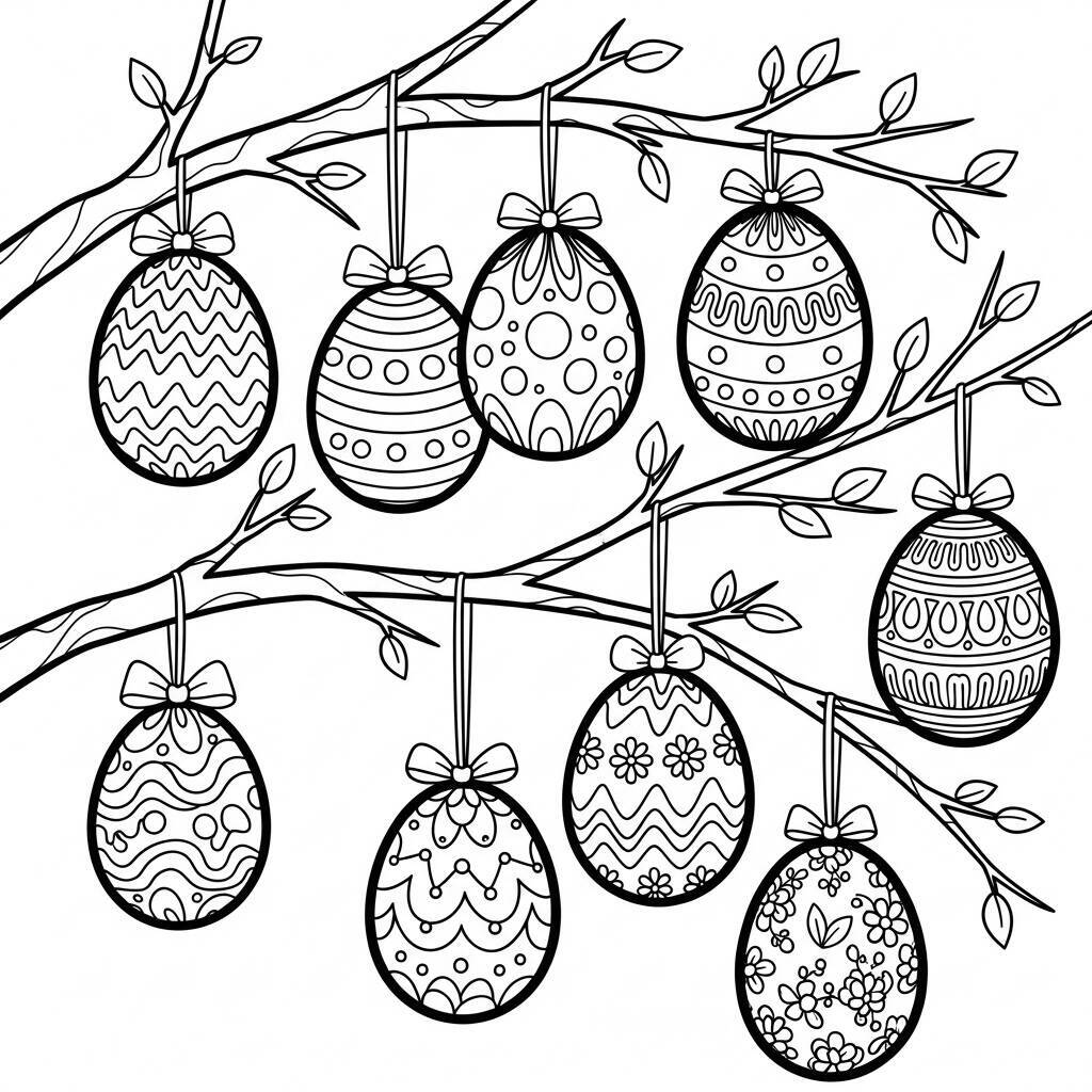 Desenho de Ovos de Páscoa em uma Árvore para Colorir