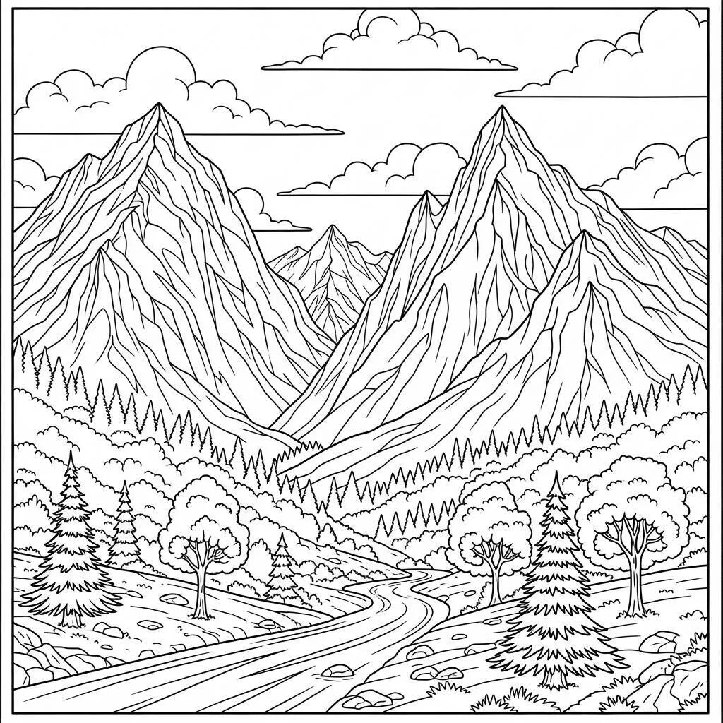 Desenho de Paisagem de Montanha para Colorir