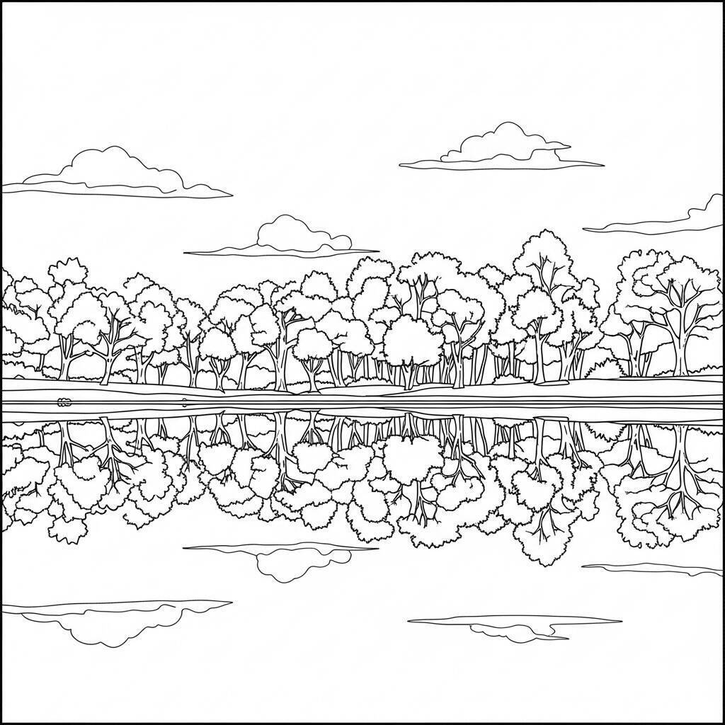 Desenho de Paisagem de Outono com Lago para Colorir