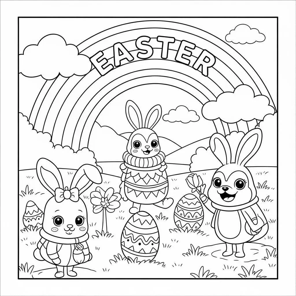 Desenho-de-Pascoa-com-Arco-iris-para-Colorir Desenho de Páscoa com Arco-íris para Colorir