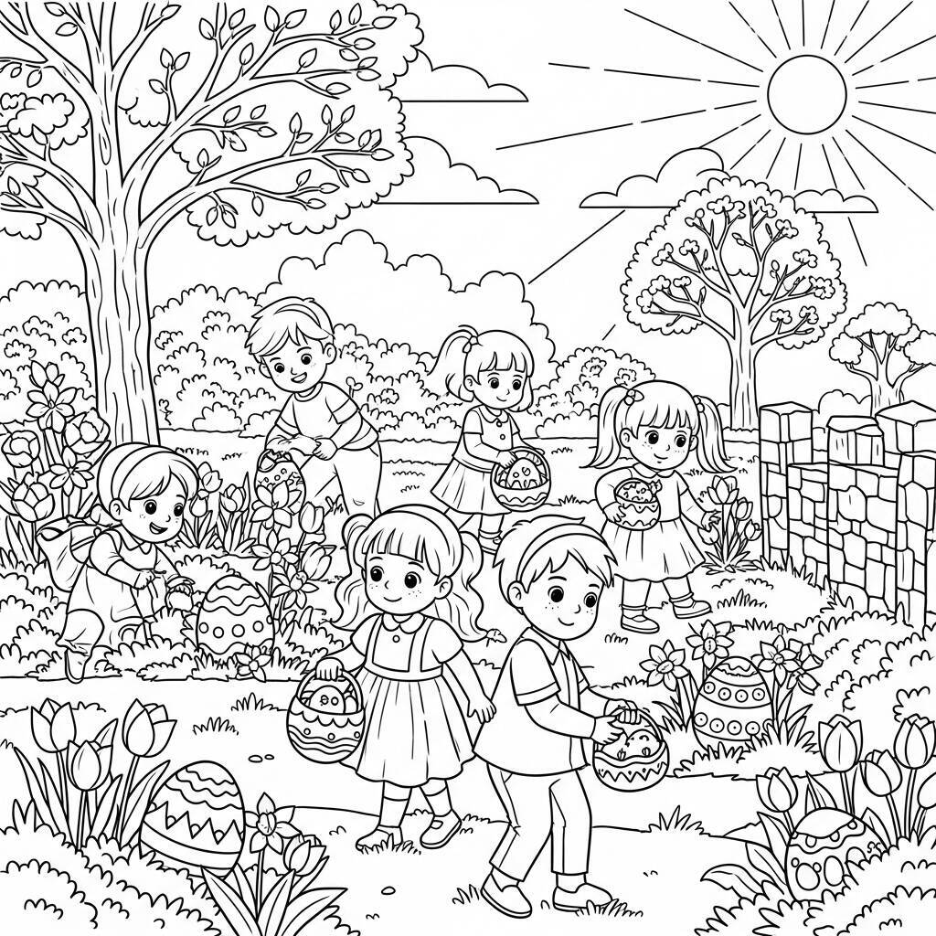 Desenho de Páscoa com Crianças para Colorir