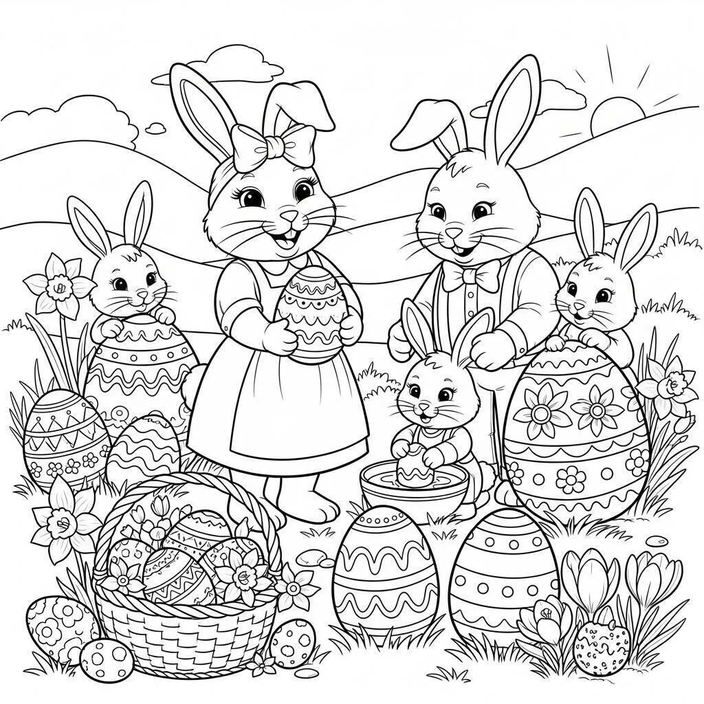 Desenho de Páscoa com Família para Colorir