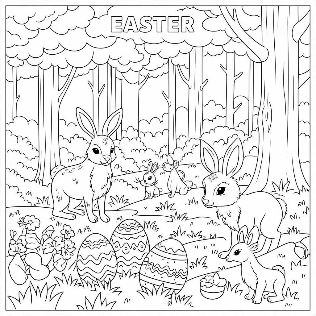 Desenho-de-Pascoa-na-Floresta-para-Colorir Easter in the Forest Coloring Page