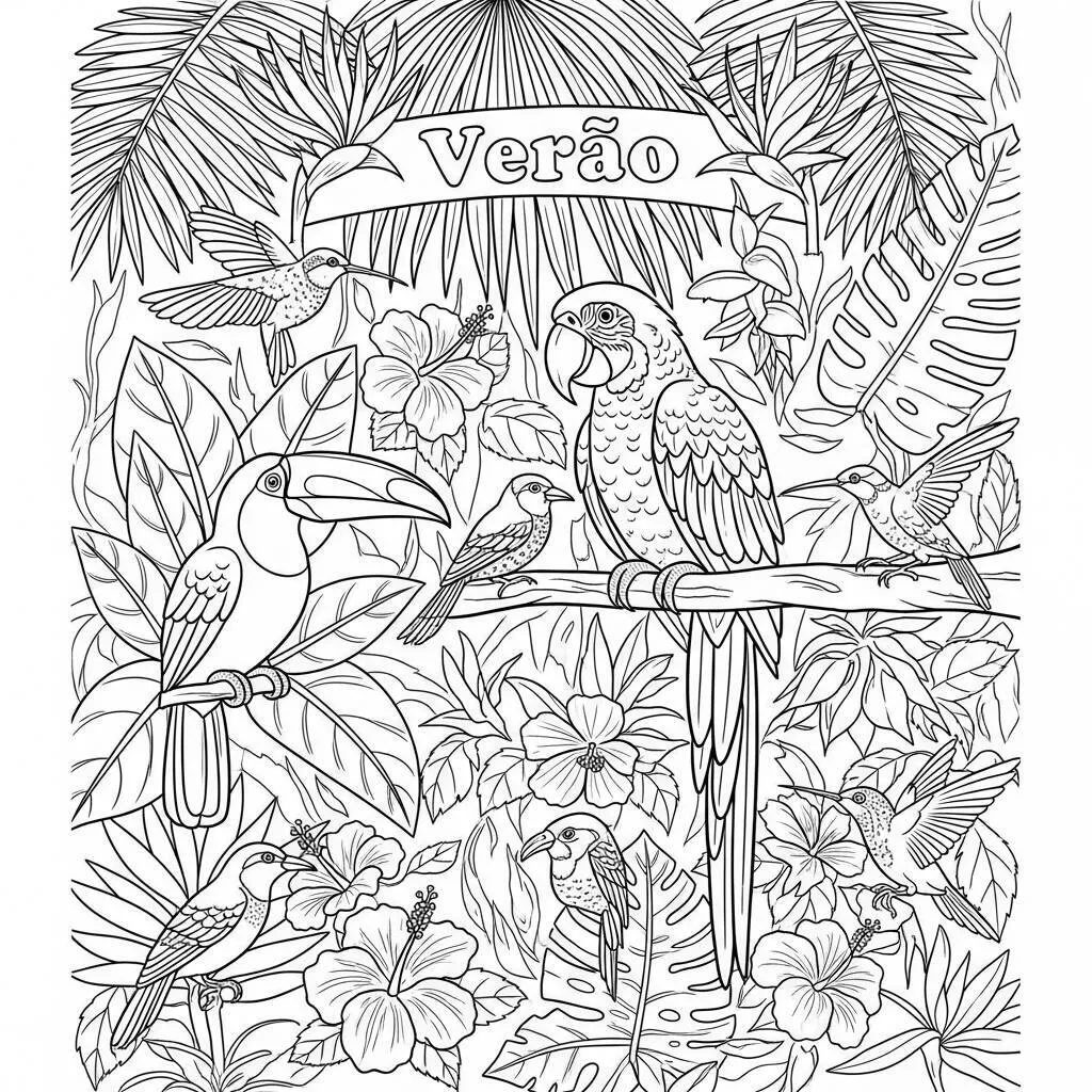 Desenho-de-Passaros-Tropicais-para-Colorir Página para colorear de aves tropicales