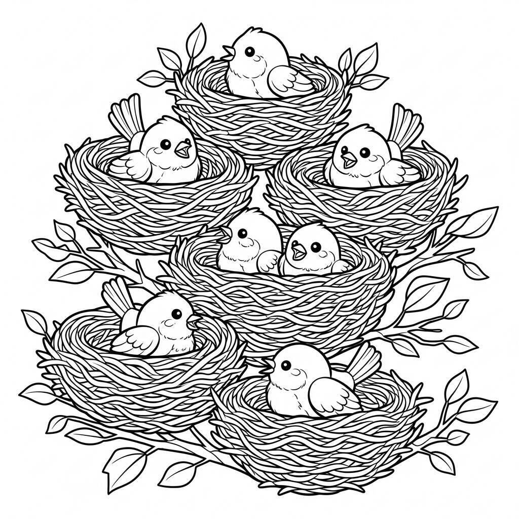 Desenho de Pássaros em Ninhos para Colorir