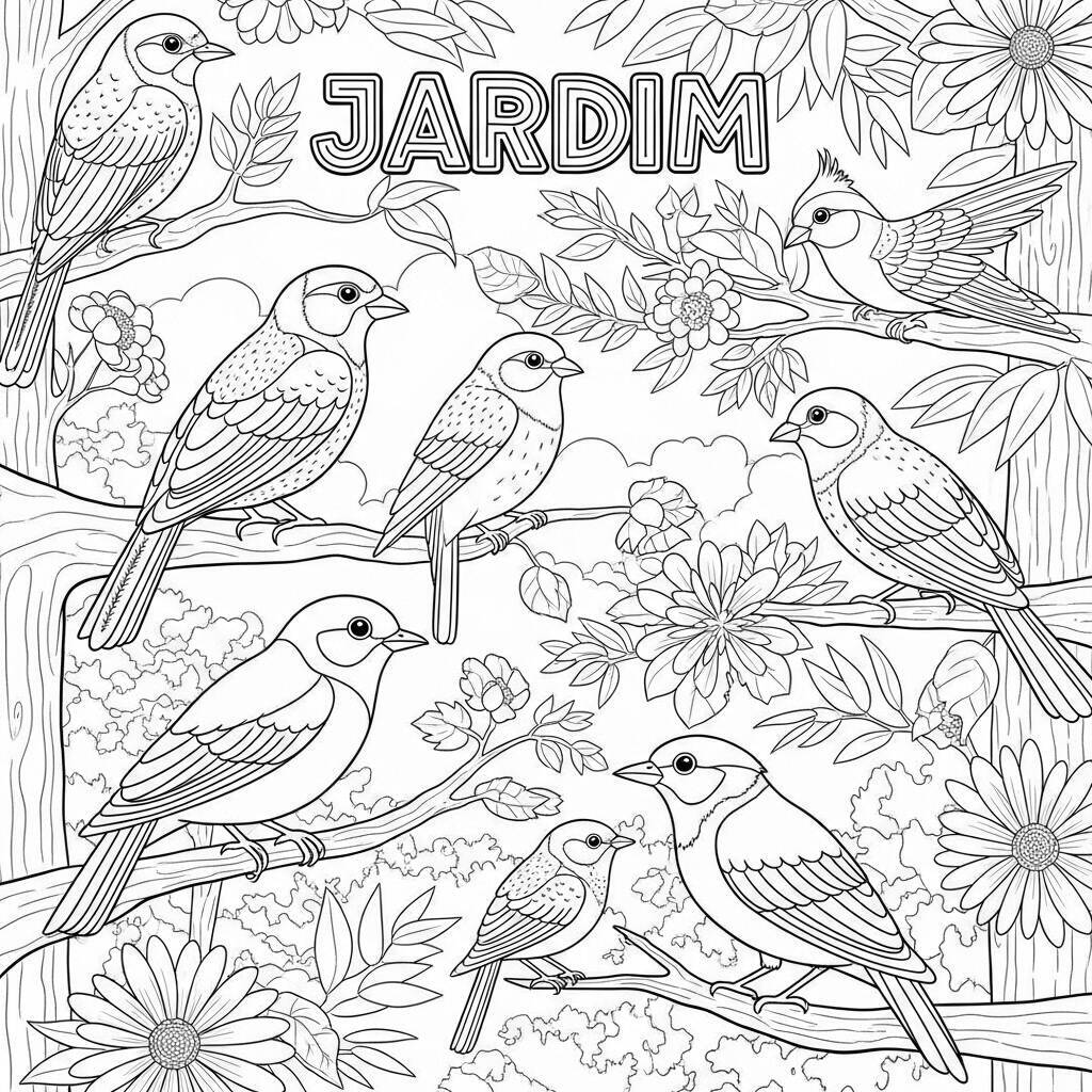 Coloriage oiseaux dans un jardin