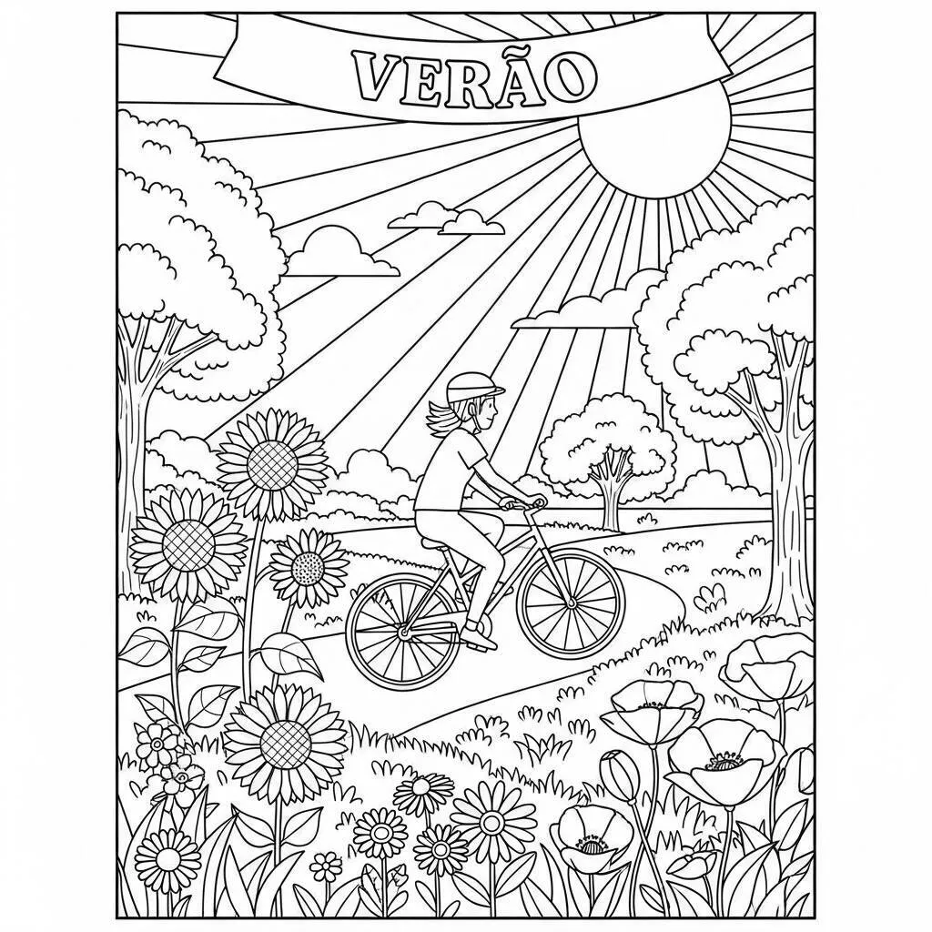Desenho de Passeio de Bicicleta no Verão para Colorir