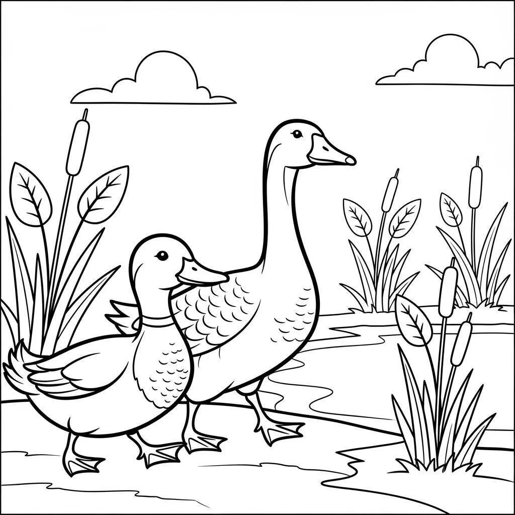 Desenho-de-Pato-e-Ganso-na-Fazenda-para-Colorir Desenho de Pato e Ganso na Fazenda para Colorir