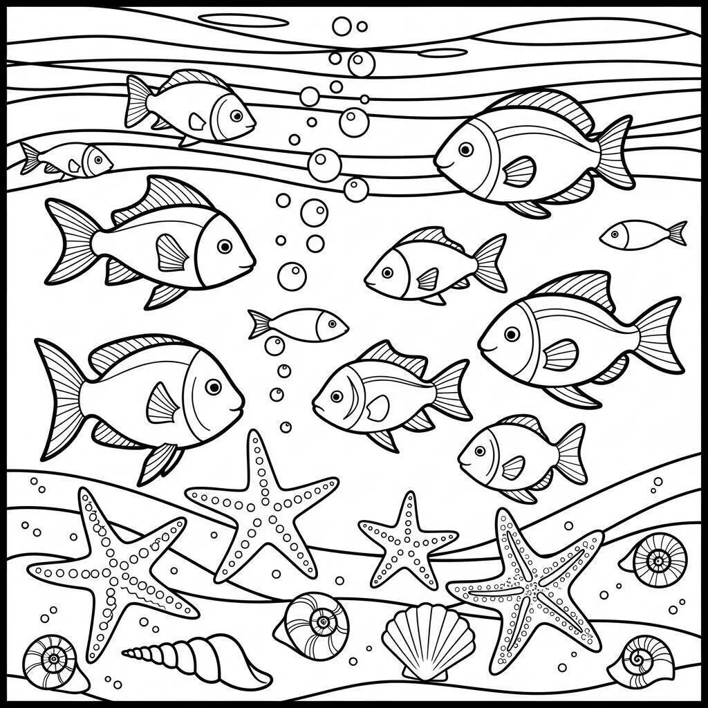 Desenho de Peixe com Estrelas do Mar para Colorir