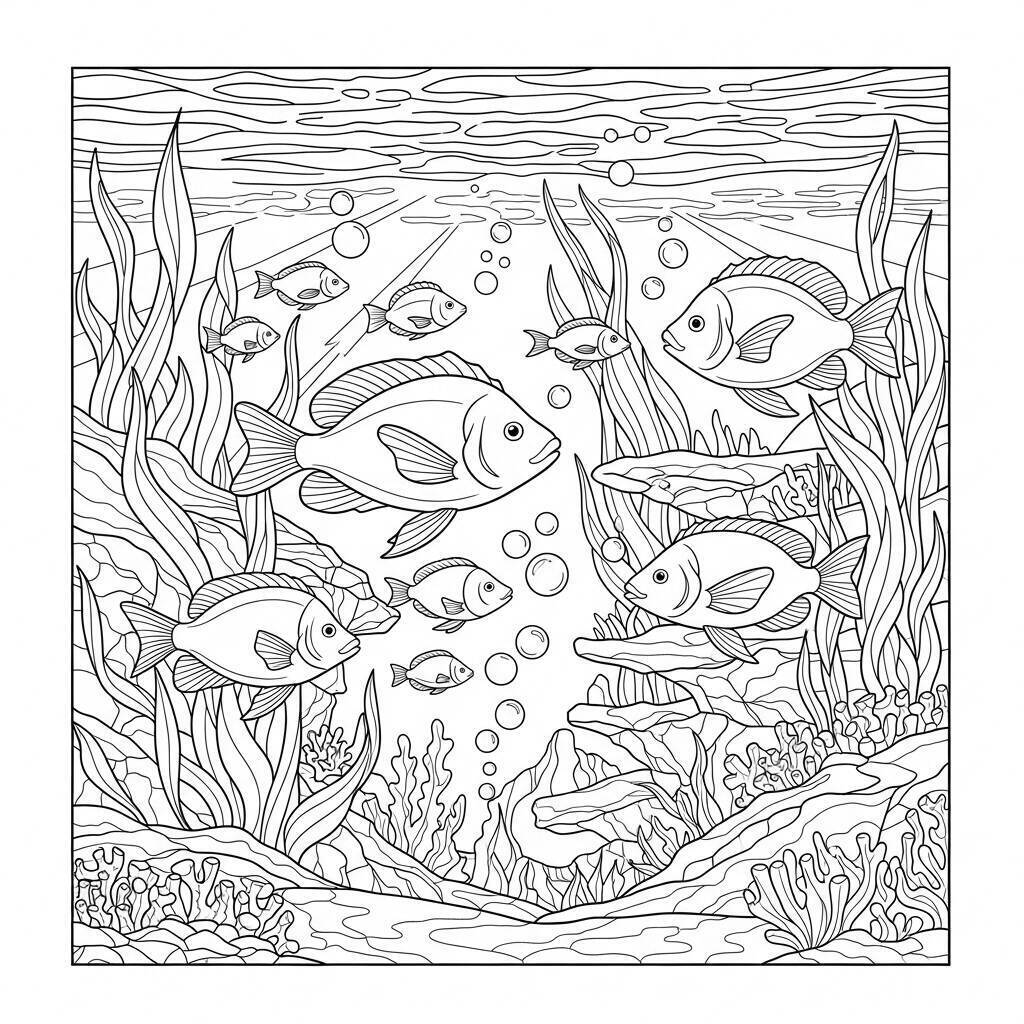 Coloriage de poisson avec des fonds marins