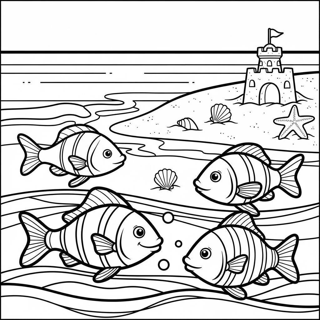 Coloriage de poisson avec fond de plage
