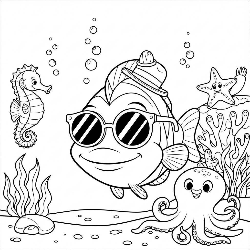 Coloriage de poisson et accessoires