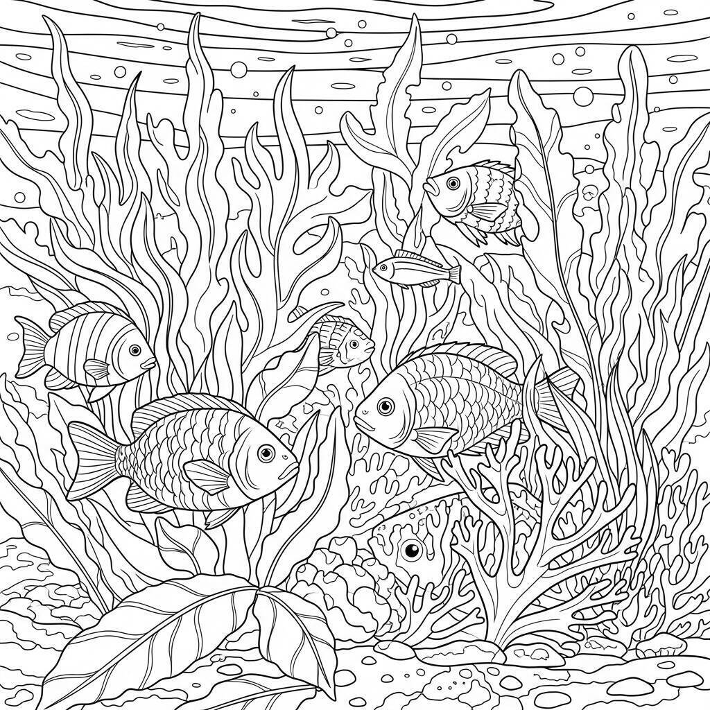Coloriage de poissons et d'algues