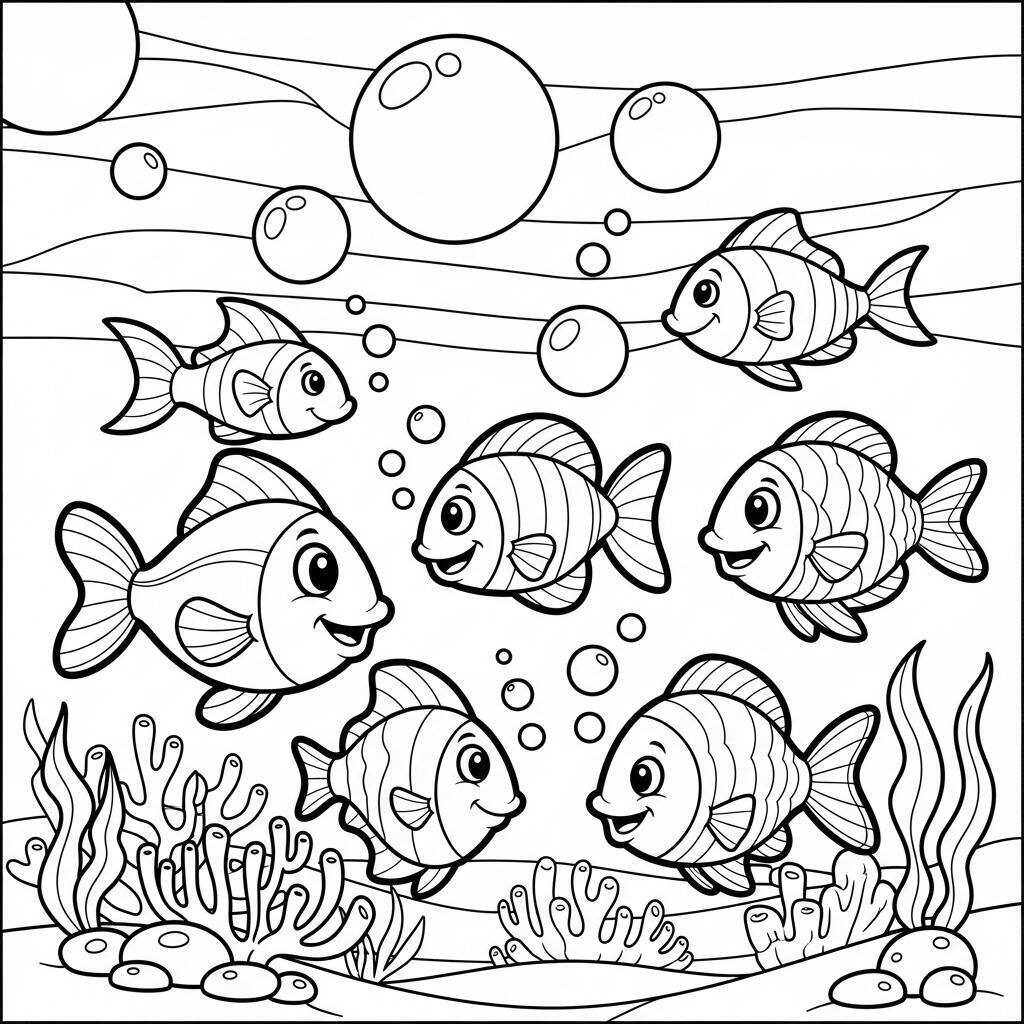 Coloriage de poissons et de bulles d'air