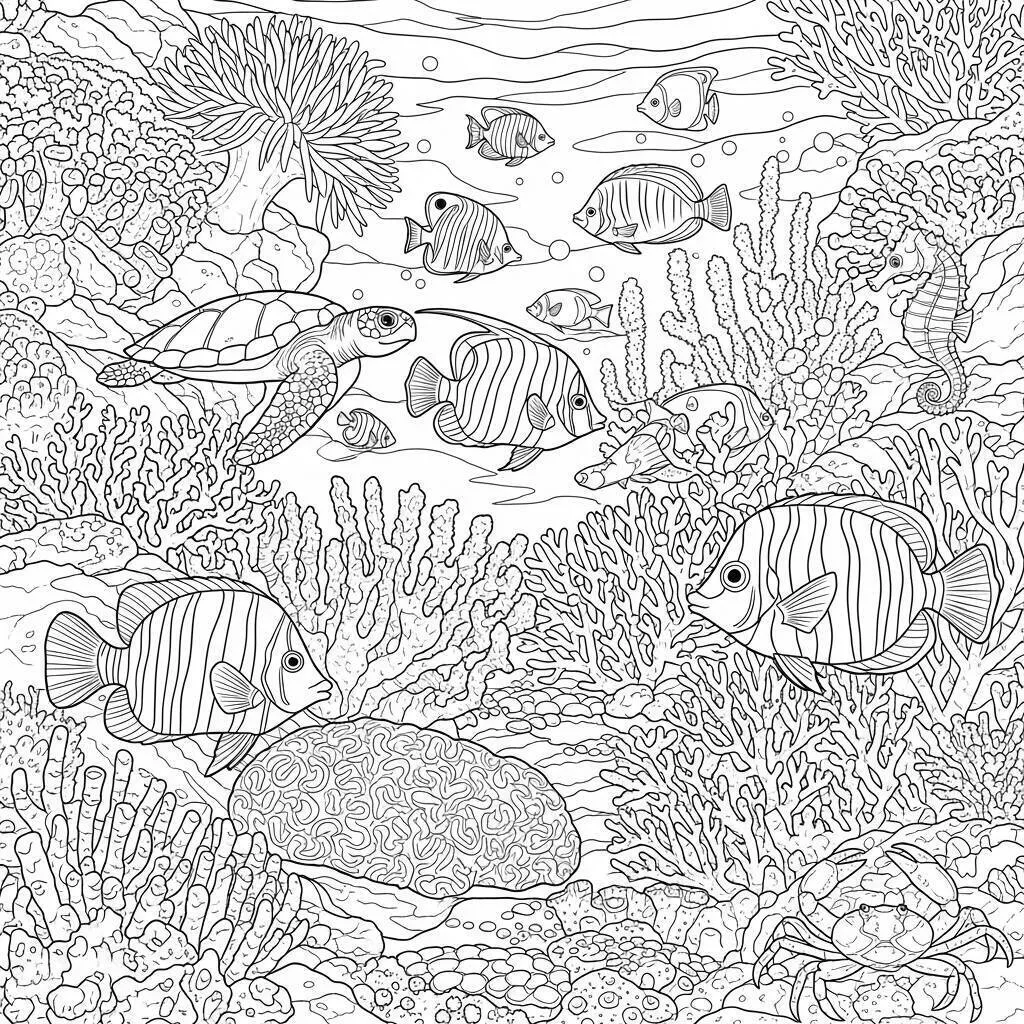 Desenho de Peixe em um Recife de Coral para Colorir