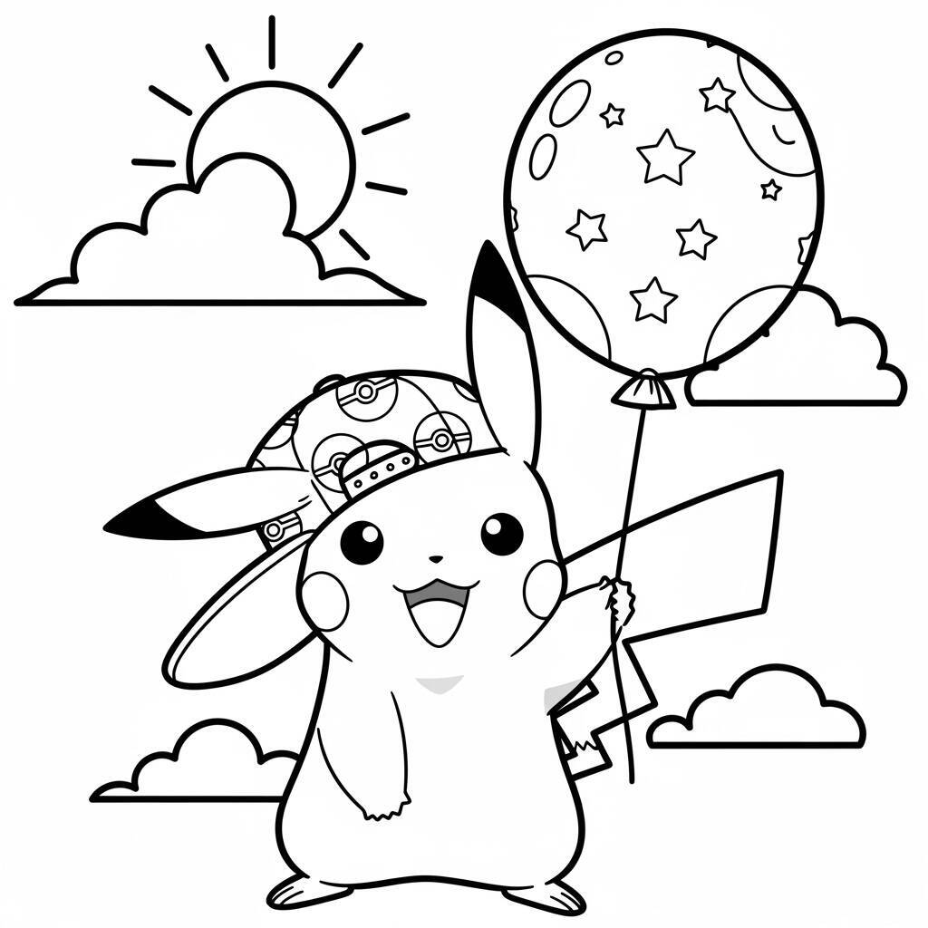 Desenho de Pikachu com Chapéu para Colorir