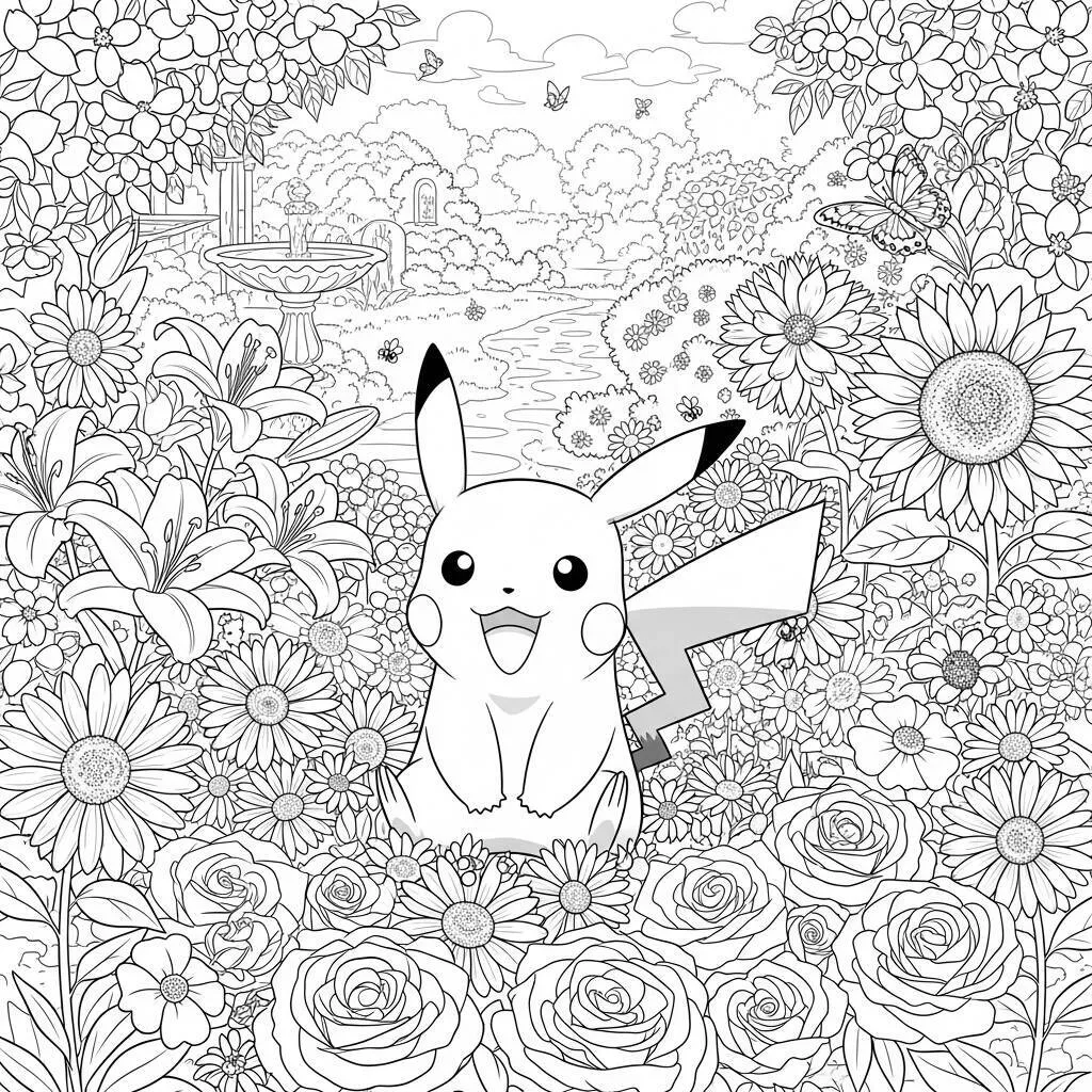 Desenho-de-Pikachu-com-Flores-para-Colorir Pikachu mit Blumen Malseite