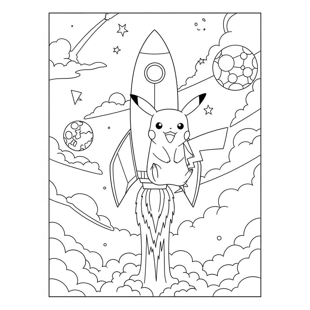 Desenho de Pikachu com Foguete para Colorir