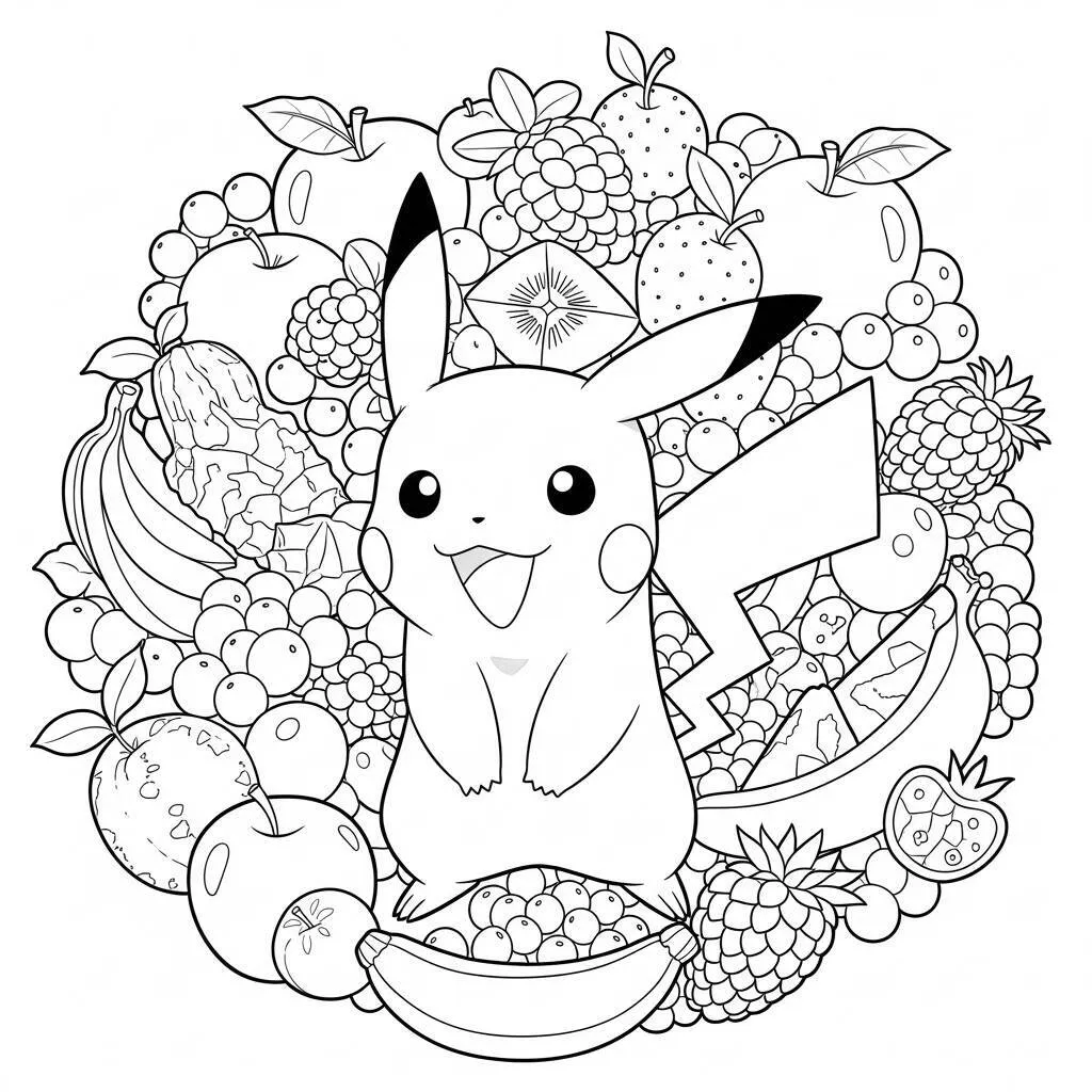 Desenho de Pikachu com Frutas para Colorir