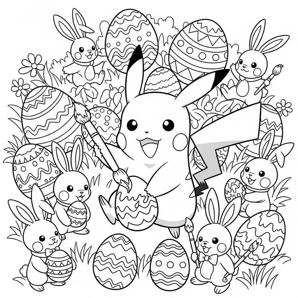 Desenho de Pikachu com Páscoa para Colorir