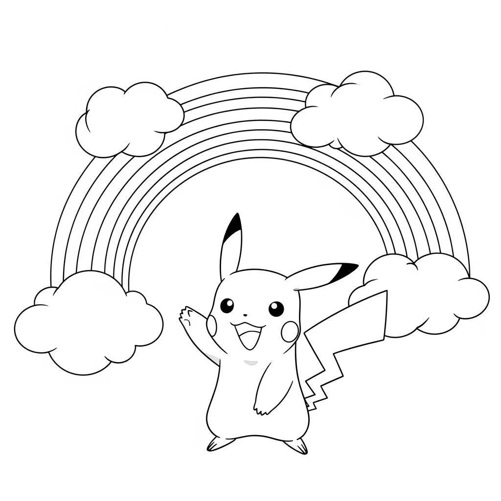Desenho de Pikachu e Arco-Íris para Colorir