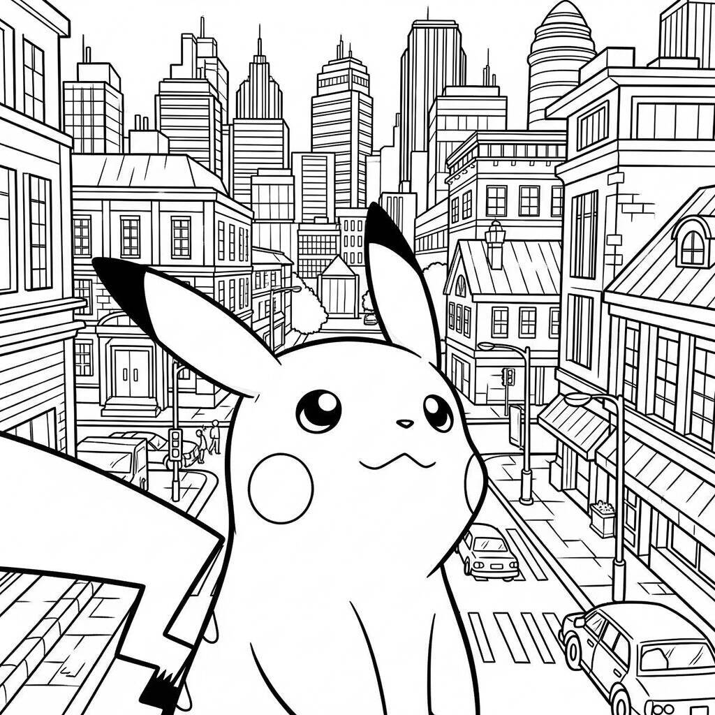 Desenho de Pikachu e Cidades para Colorir