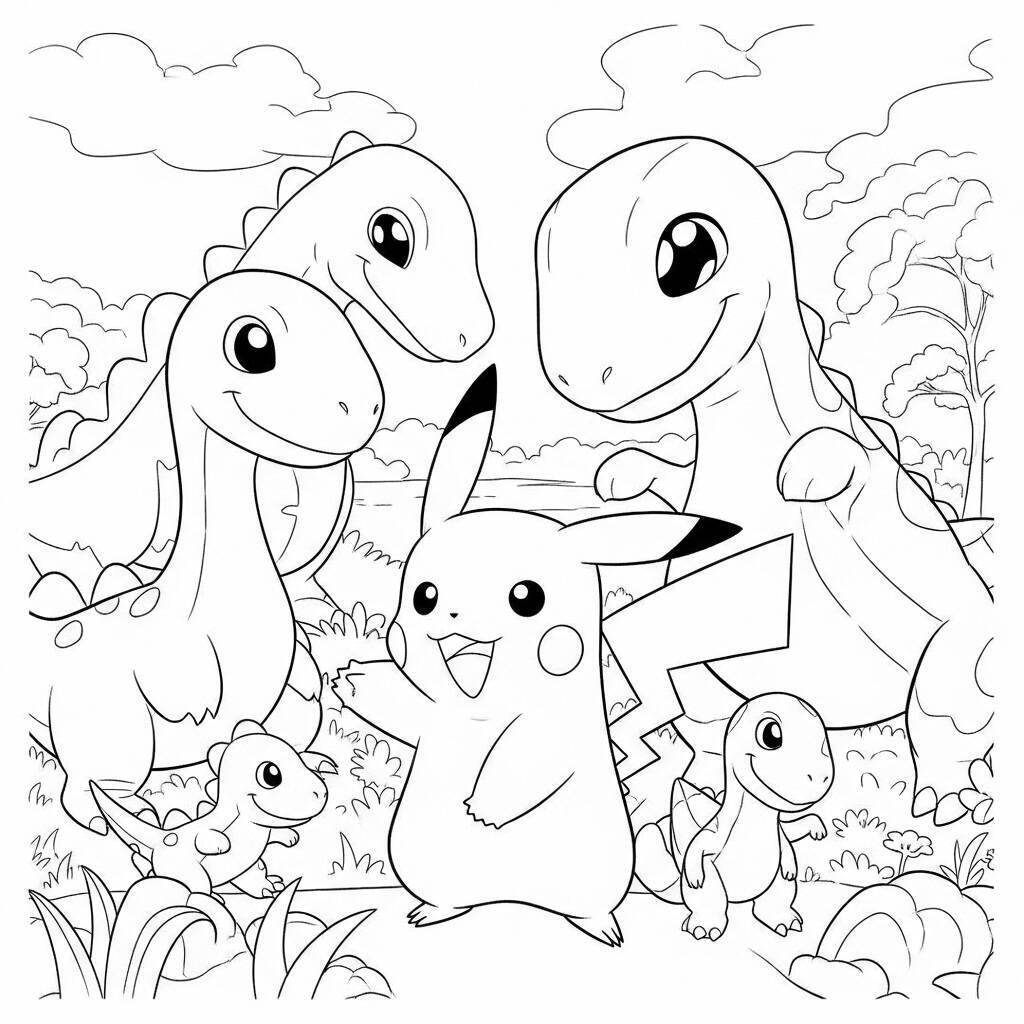 Desenho de Pikachu e Dinossauros para Colorir