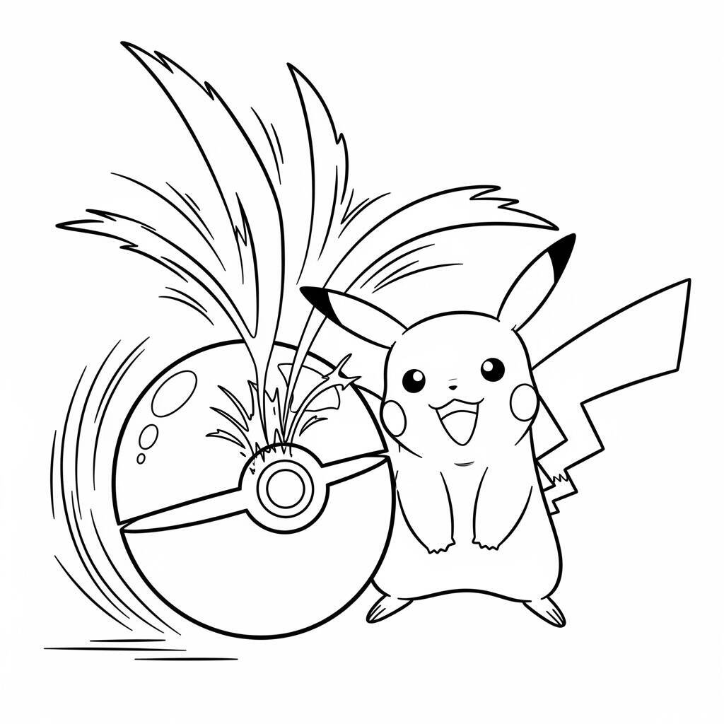Desenho de Pikachu e Pokébola para Colorir