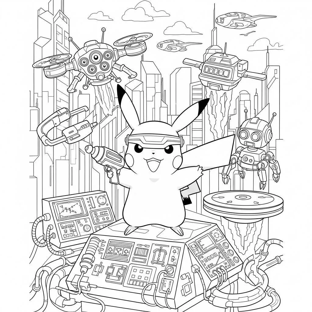 Desenho de Pikachu e Tecnologia para Colorir