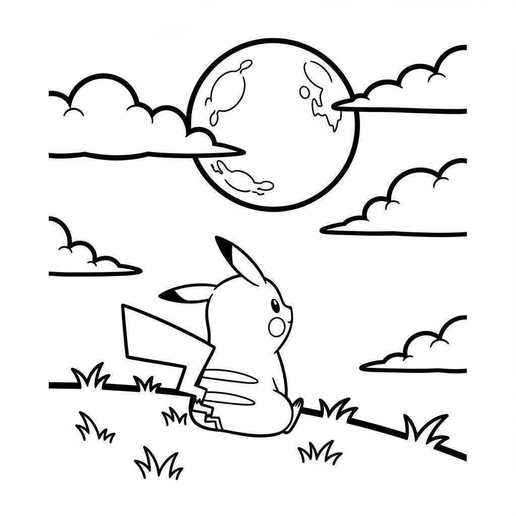 Desenho de Pikachu e a Lua para Colorir