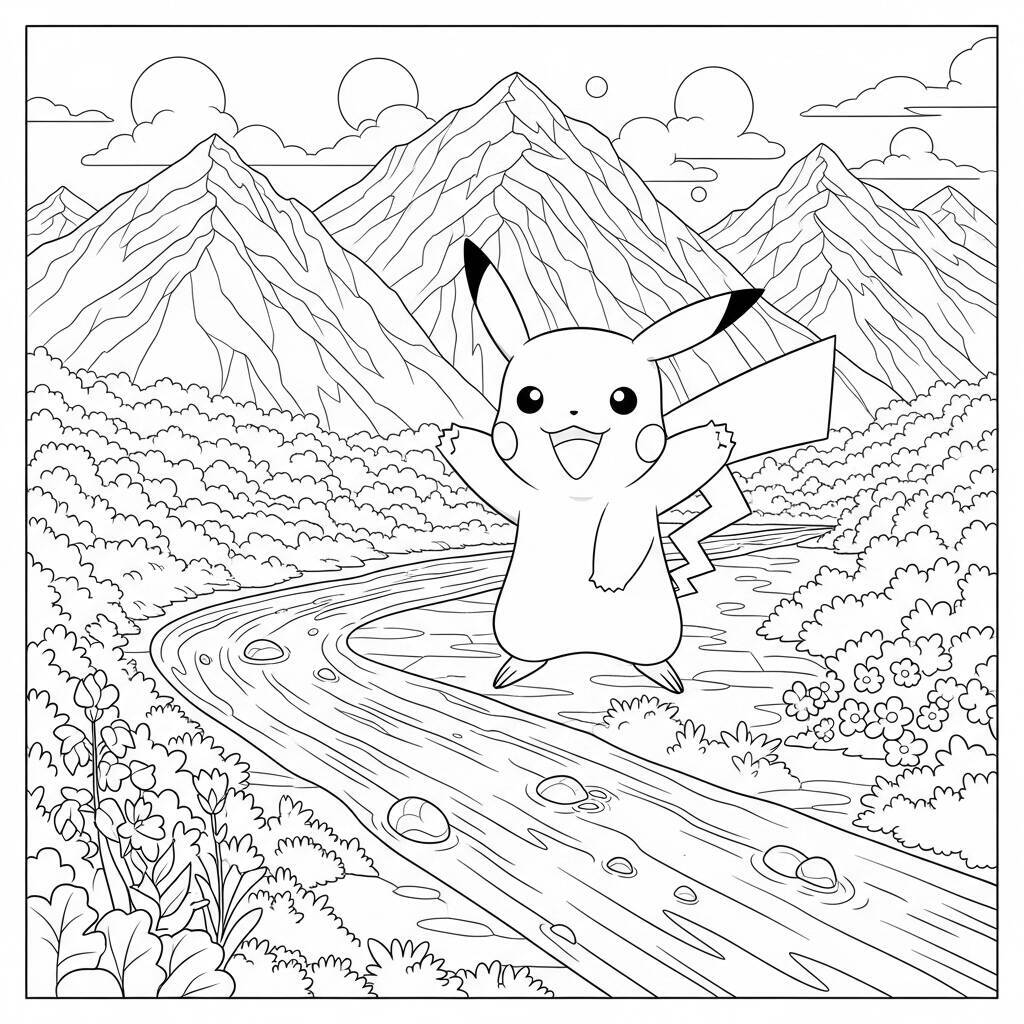 Desenho de Pikachu e a Natureza para Colorir