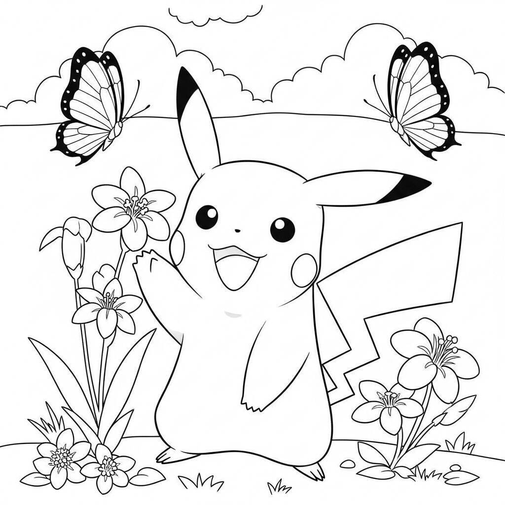 Desenho de Pikachu e a Primavera para Colorir