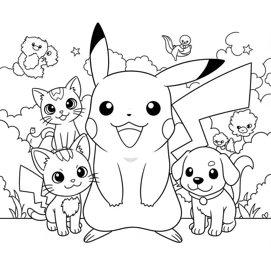 Desenho-de-Pikachu-e-seus-Bichinhos-de-Estimacao-para-Colorir Pikachu und seine Haustiere Malvorlage