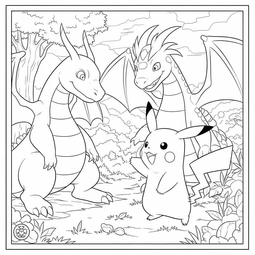 Desenho de Pikachu e um Dragão para Colorir