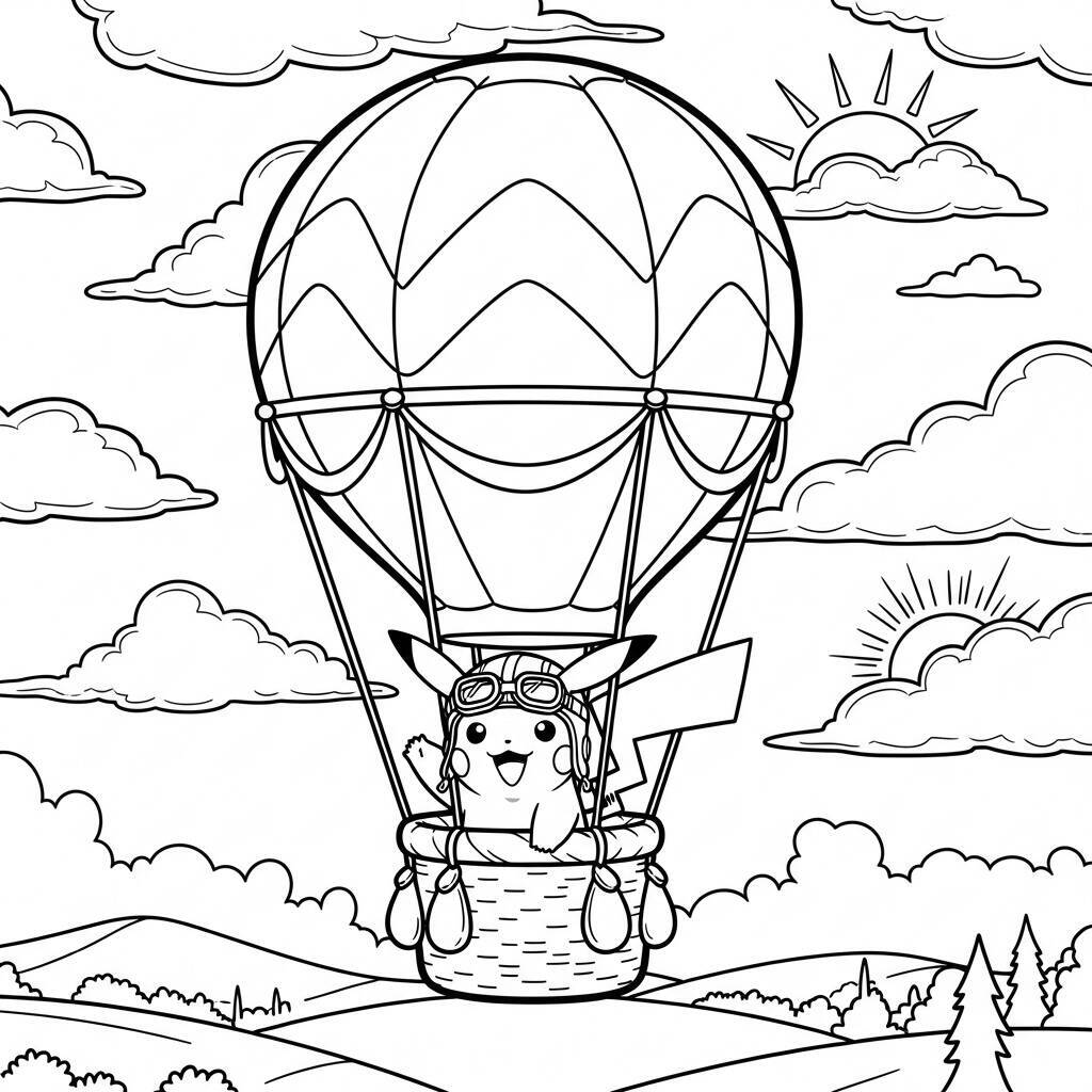 Desenho de Pikachu em um Balão de Ar Quente para Colorir