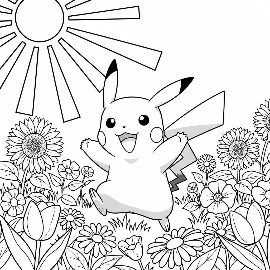 Desenho de Pikachu em um Dia de Sol para Colorir