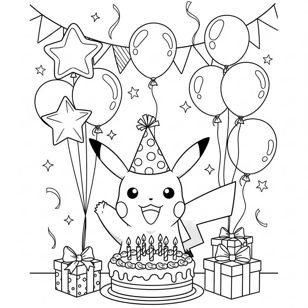 Desenho de Pikachu na Festa de Aniversário para Colorir