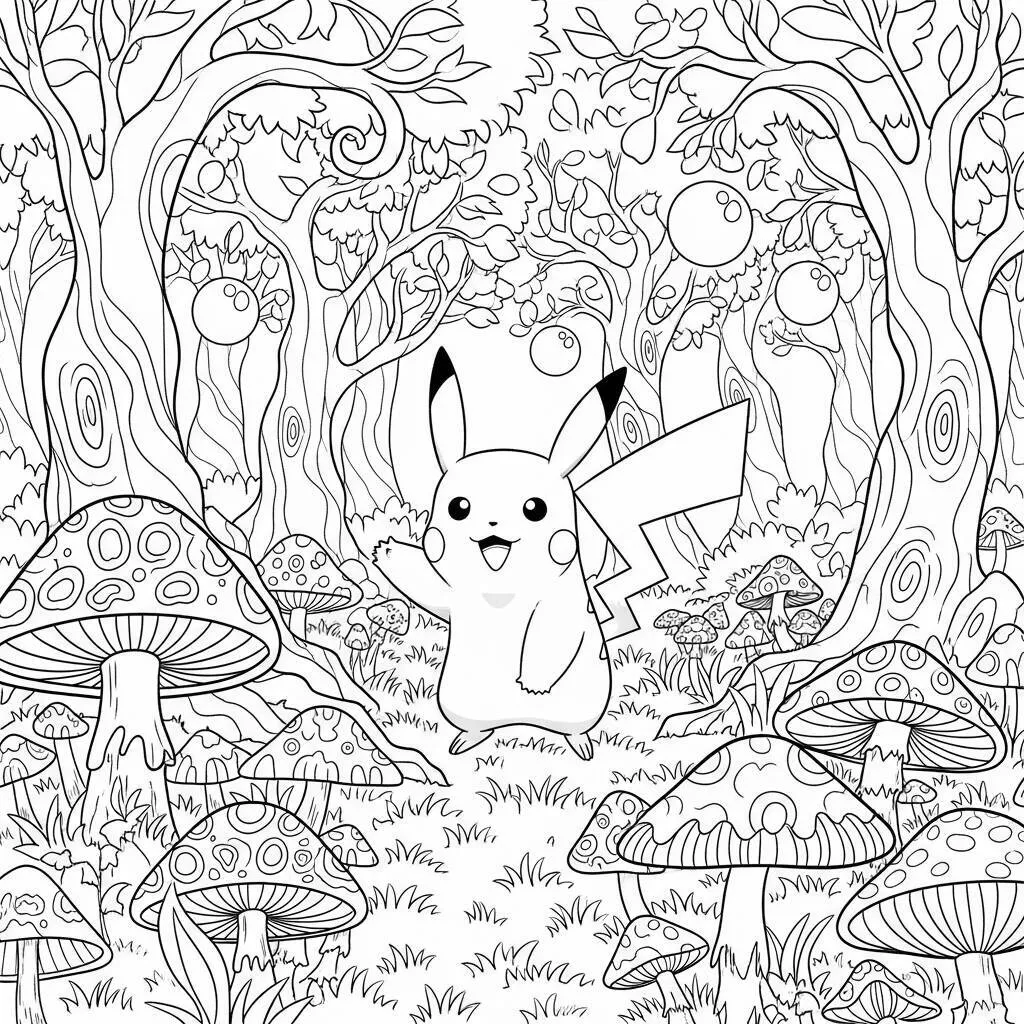 Desenho-de-Pikachu-na-Floresta-para-Colorir Malvorlage Pikachu im Wald